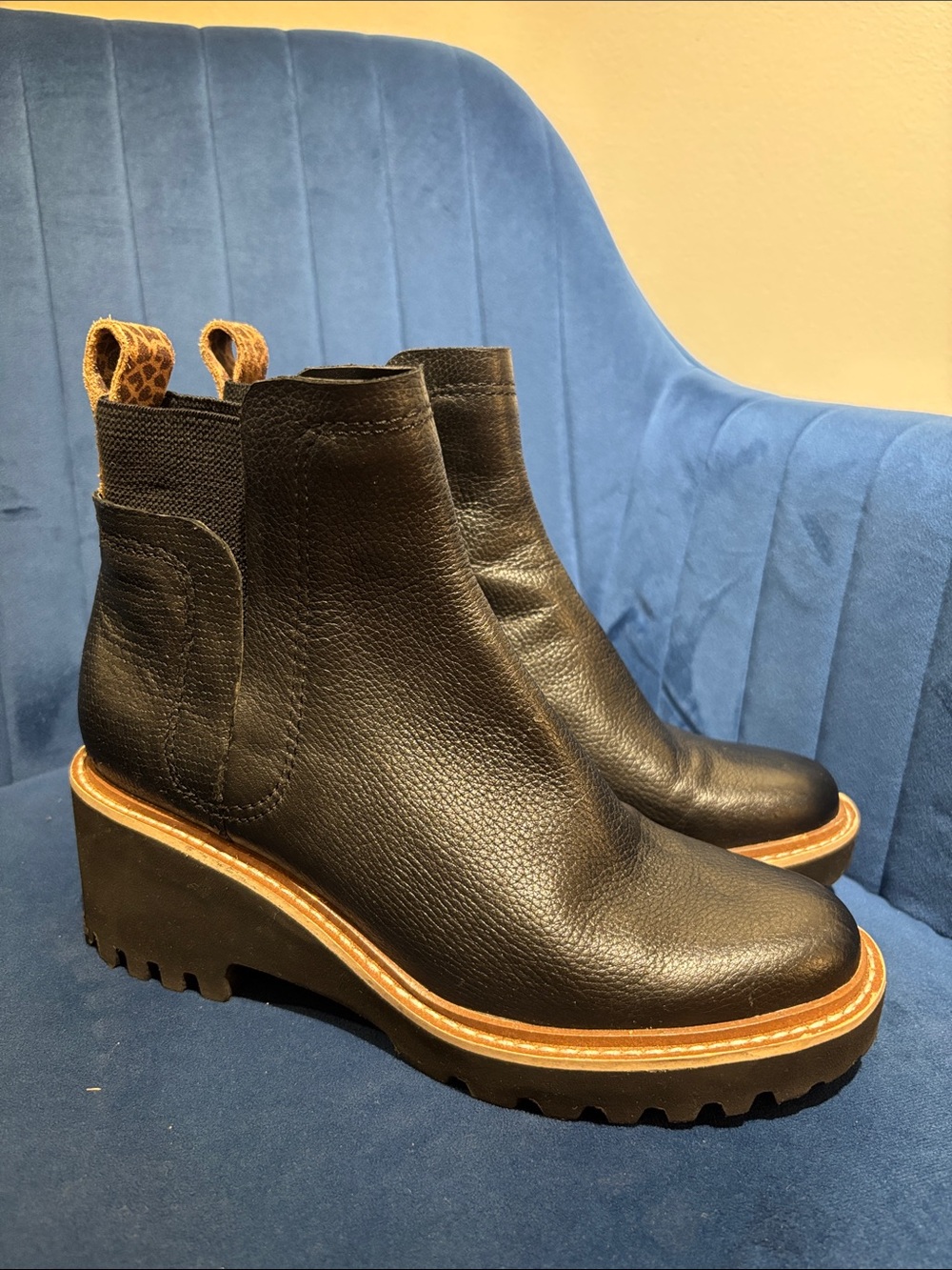 Dolce Vita Black Leather Wedge Chelsea Boots with Tan Trim